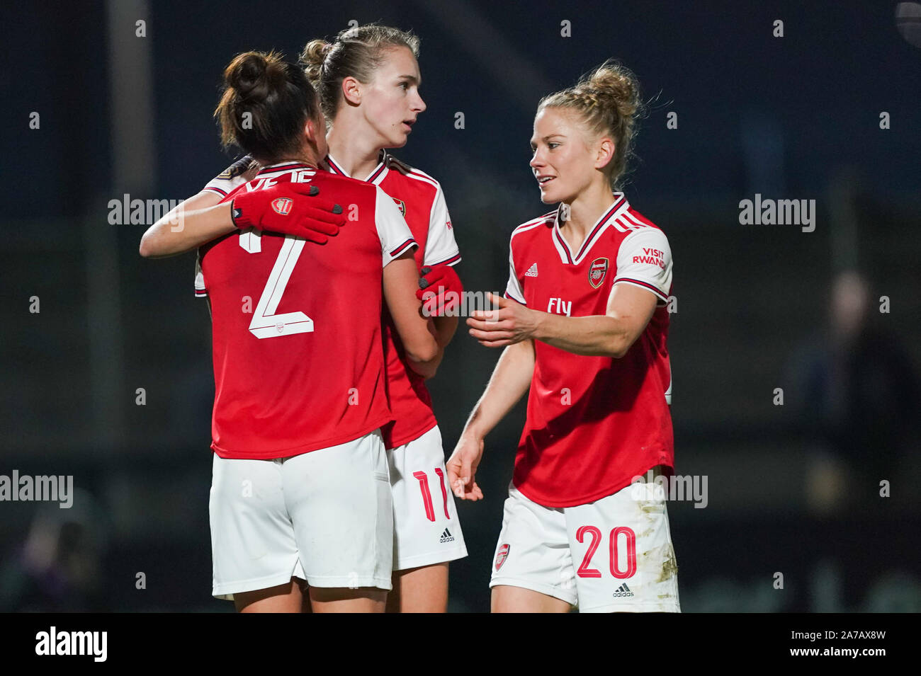 BOREHAMWOOD, ENGLAND - OCTOBER 31: Vivianne Miedema, Katrine Veje and Leonie Maier of Arsenal celebrate their goal during the UEFA Women's Champions League football match between Arsenal Women vs SK Slavia Praha Women at Meadow Park on October 31, 2019 in Borehamwood, England (Photo by Daniela Porcelli/SPP) Credit: SPP Sport Press Photo. /Alamy Live News Stock Photo