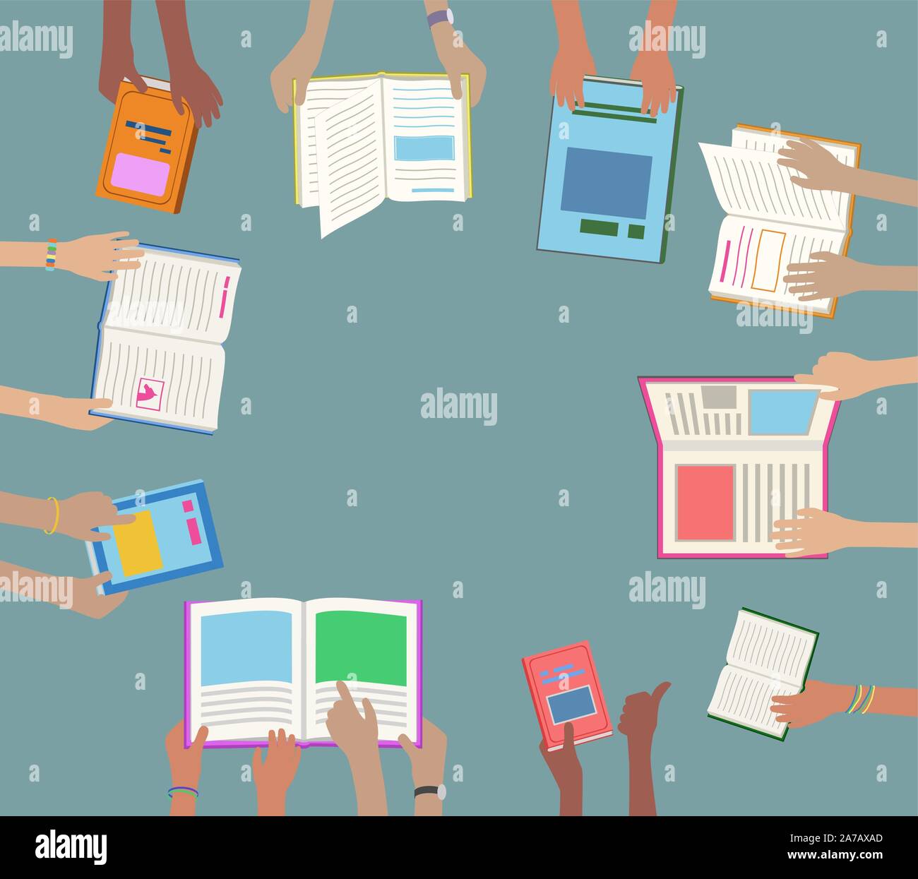 Children Hands Holding and Reading Library Books on Desk, abstract concept, ideal for flyers - grouped easy to edit Stock Vector