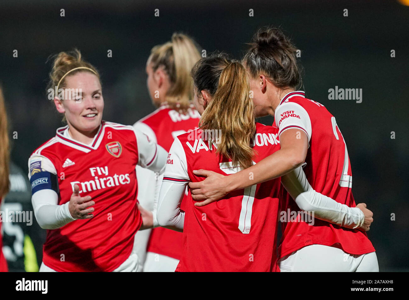 BOREHAMWOOD, ENGLAND - OCTOBER 31: Players of Arsenal celebrate Danielle Van de Donk's goal during the UEFA Women's Champions League football match between Arsenal Women vs SK Slavia Praha Women at Meadow Park on October 31, 2019 in Borehamwood, England (Photo by Daniela Porcelli/SPP) Credit: SPP Sport Press Photo. /Alamy Live News Stock Photo