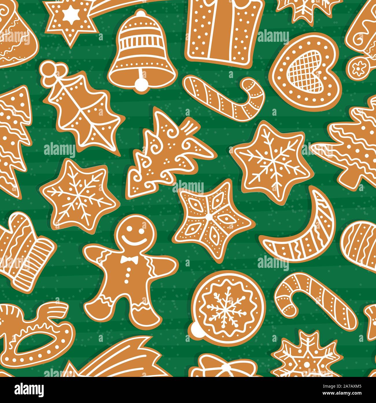 Gingerbread men and Christmas tree, star, bell, house, cane, heart, ball, crescent, present, mistletoe. Vector Christmas seamless pattern with gingerb Stock Vector