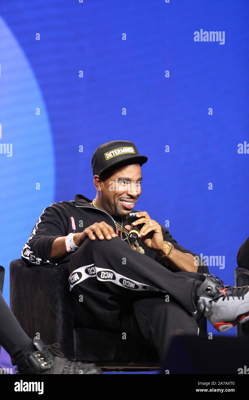 Leading the Latin Culture panel with N.O.R.E. at the Revolt Summit x AT&T LA on October 25, 2019 at Magic Box in Los Angeles, California. Stock Photo