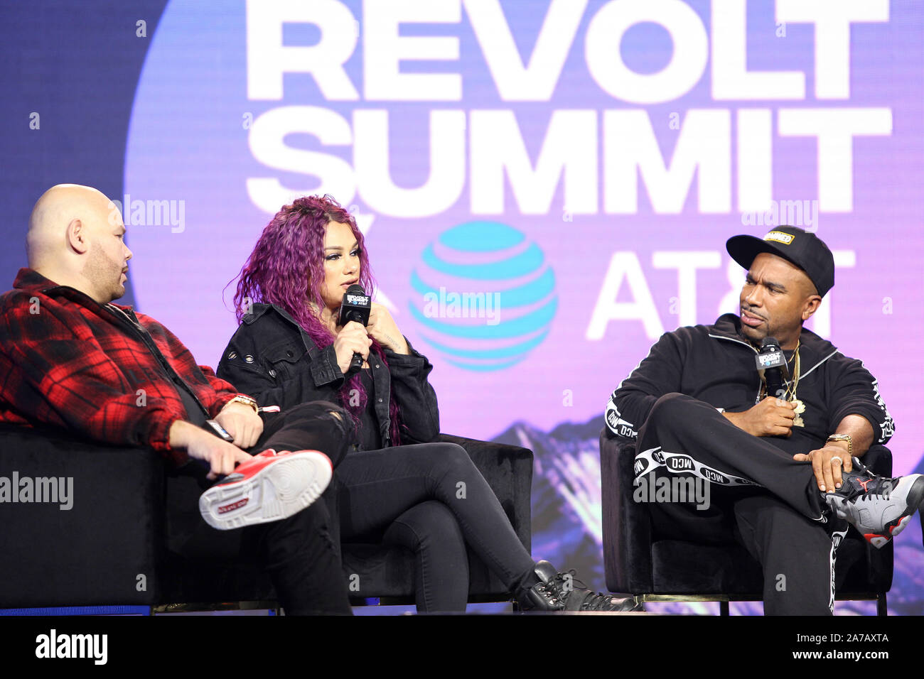 Leading the Latin Culture panel with Fat Joe (l), N.O.R.E. (r), and Snow Tha Product (c) at the Revolt Summit x AT&T LA on October 25, 2019 at Magic Box in Los Angeles, California. Stock Photo