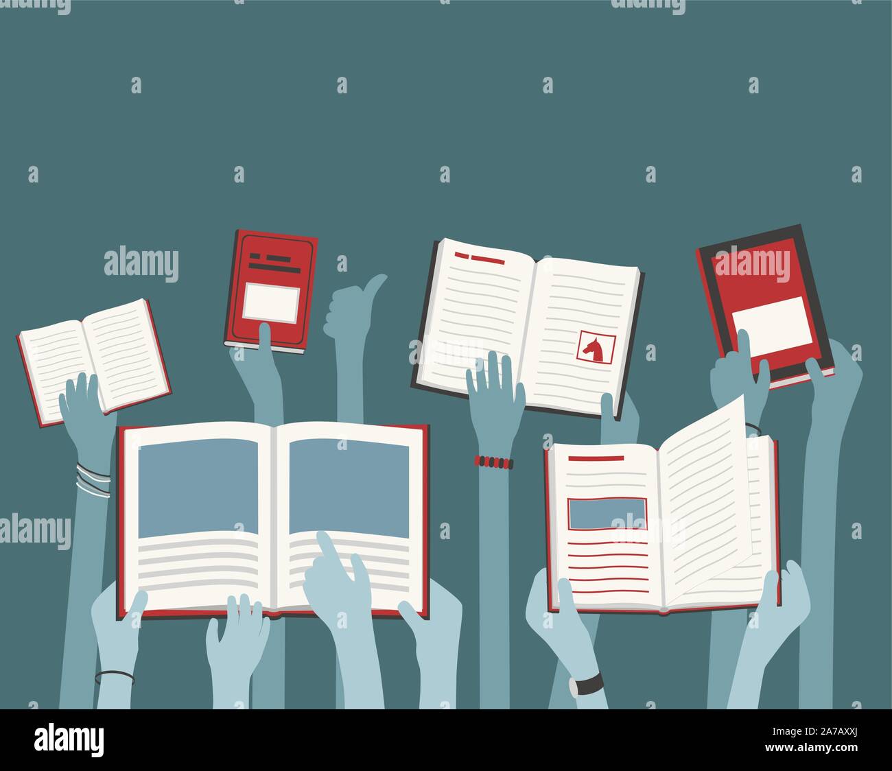 Kids Long Hands Holding and Reading Library Books blue and red, abstract concept, ideal for flyers - grouped easy to edit Stock Vector