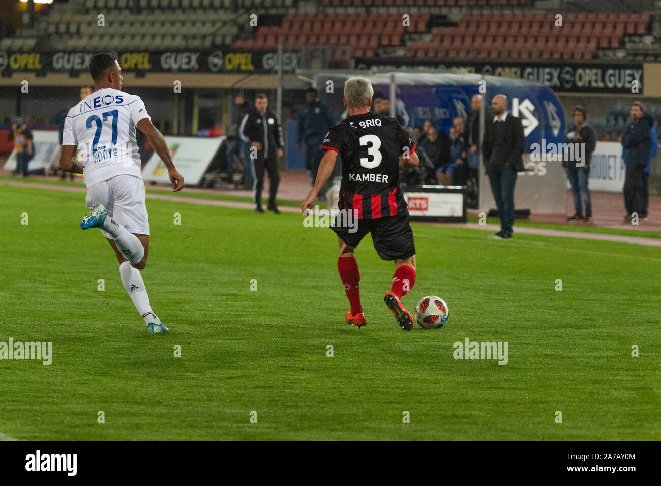 Lausanne, Switzerland. 31st Oct, 2019. Janick Kamber of Neuchâtel Xamax checks during the Swiss Football Cup match between Lausanne Sport and Neuchâtel Xamax. Lausanne Sport wins 6-0. (Photo by Eric Dubost/Pacific Press) Credit: Pacific Press Agency/Alamy Live News Stock Photo