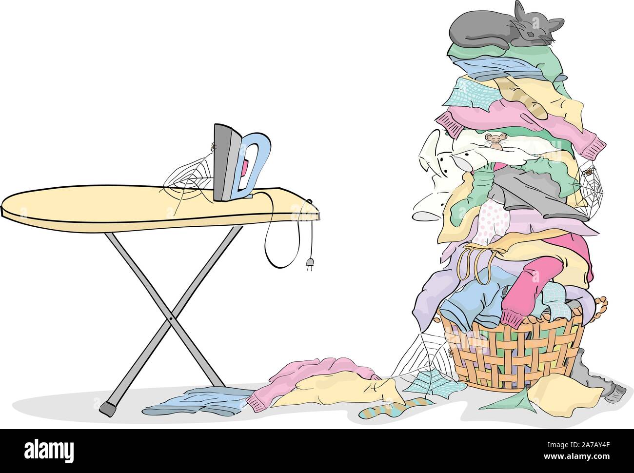 Iron and ironing board with Tall Pile of Laundry in Basket with Cat and Critters - grouped easy to edit Stock Vector