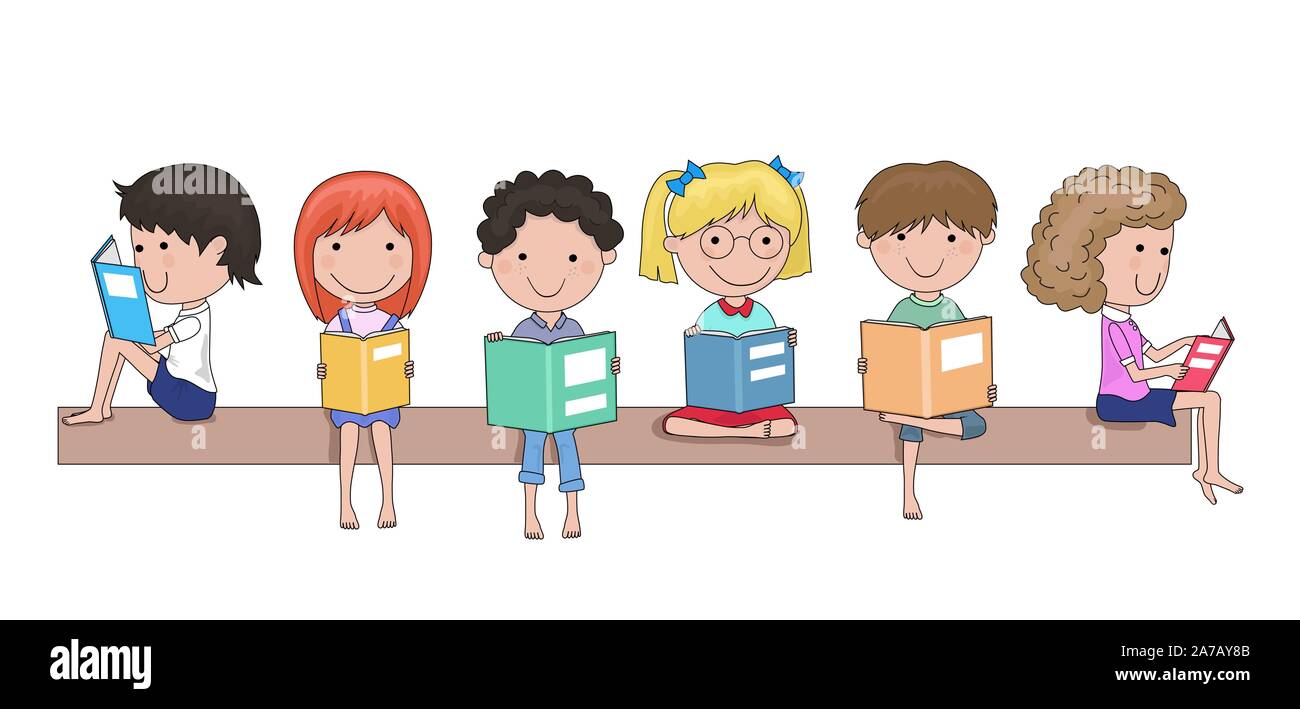 Happy school children reading books in their hands cartoon - grouped easy to edit Stock Vector
