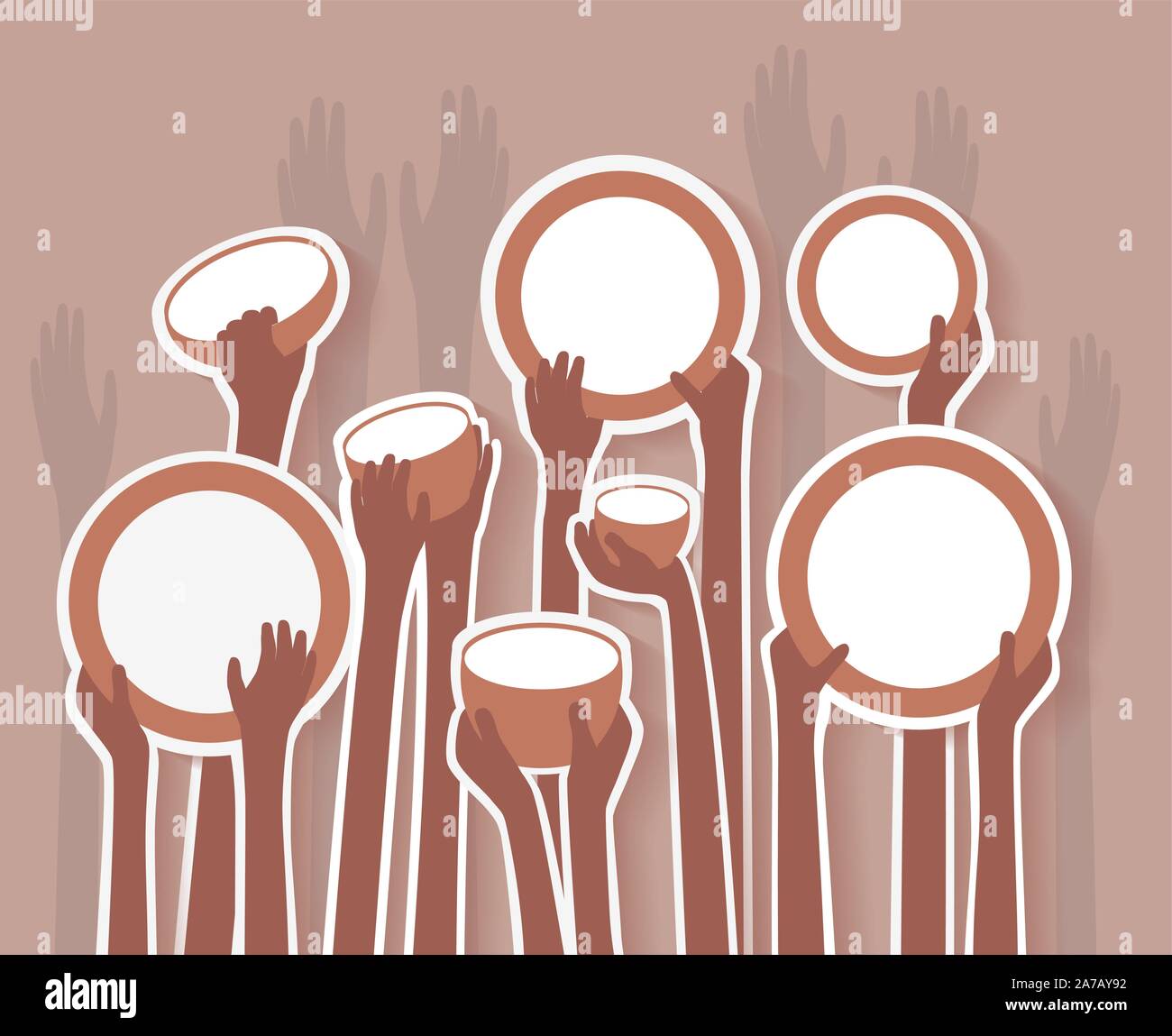 Poverty Stricken Starving Famine Hands with Empty Plates and Bowls brown stickers - grouped easy to edit Stock Vector