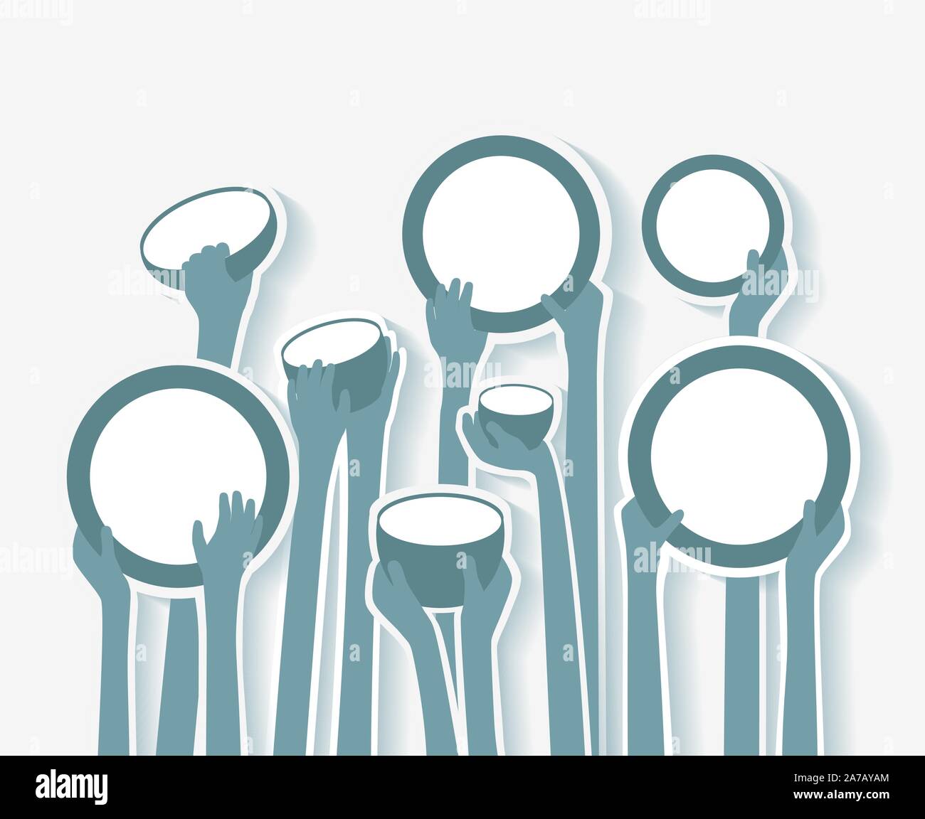Poverty Stricken Starving Famine Hands with Empty Plates and Bowls blue stickers - grouped easy to edit Stock Vector