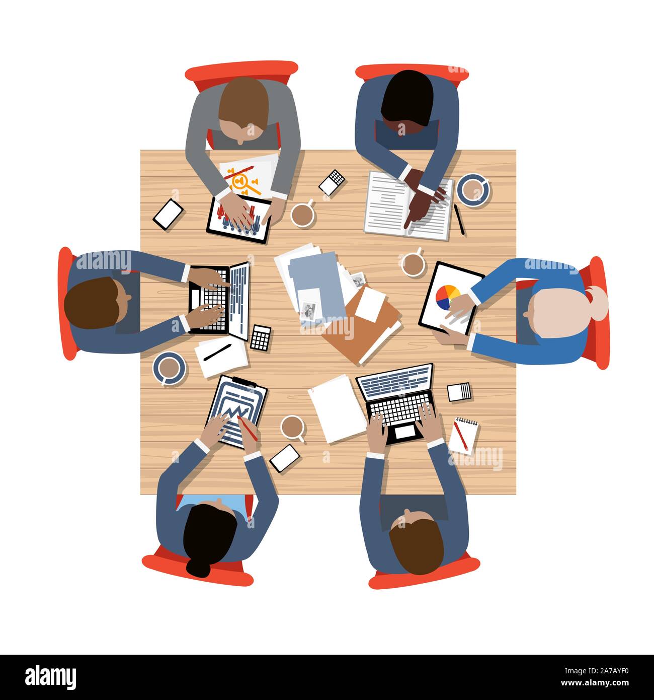 Business board meeting with diversity and equality at table flat design top view - vector grouped and easy to edit Stock Vector