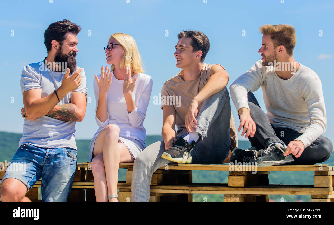 Always Happy Together Happy Men And Girl Relax Best Friends Summer Vacation Diverse Young People Talking Together Group Of Four People Great Fit Stock Photo Alamy
