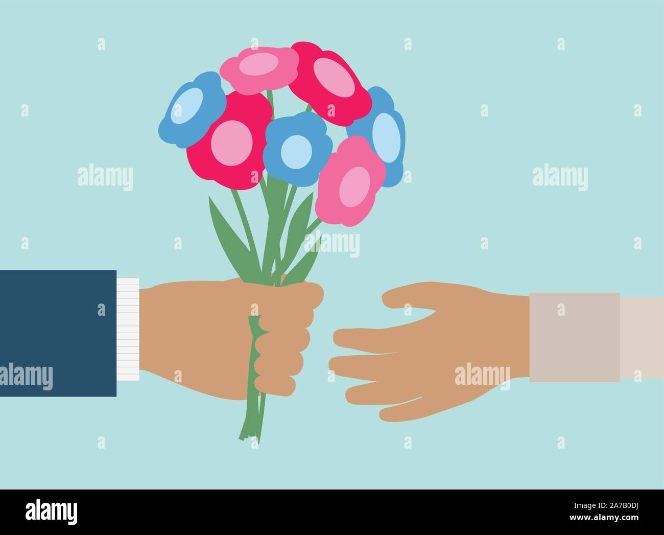 Loving Man gives bouquet of flowers to Woman as gift - vector grouped and easy to edit Stock Vector