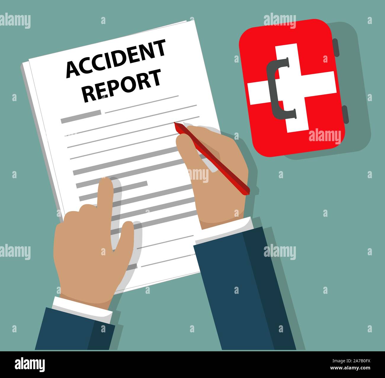 Businessman Completing Accident Report document beside First Aid Kit - Health and Safety concept - vector grouped and easy to edit Stock Vector