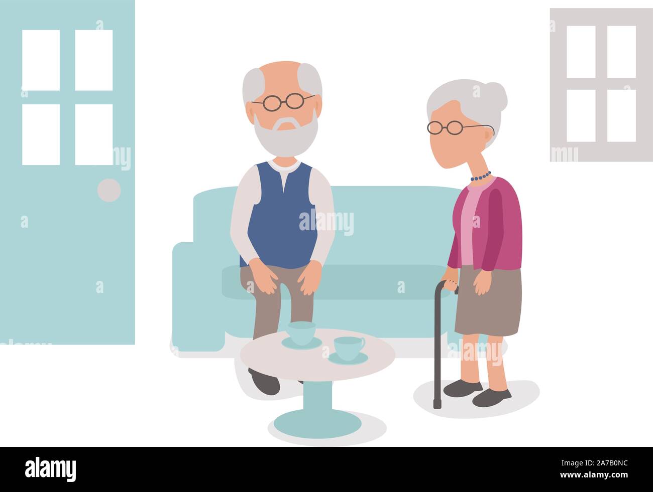 Married and loving Elderly couple having Tea at home - vector characters body parts grouped and easy to edit - limited palette Stock Vector