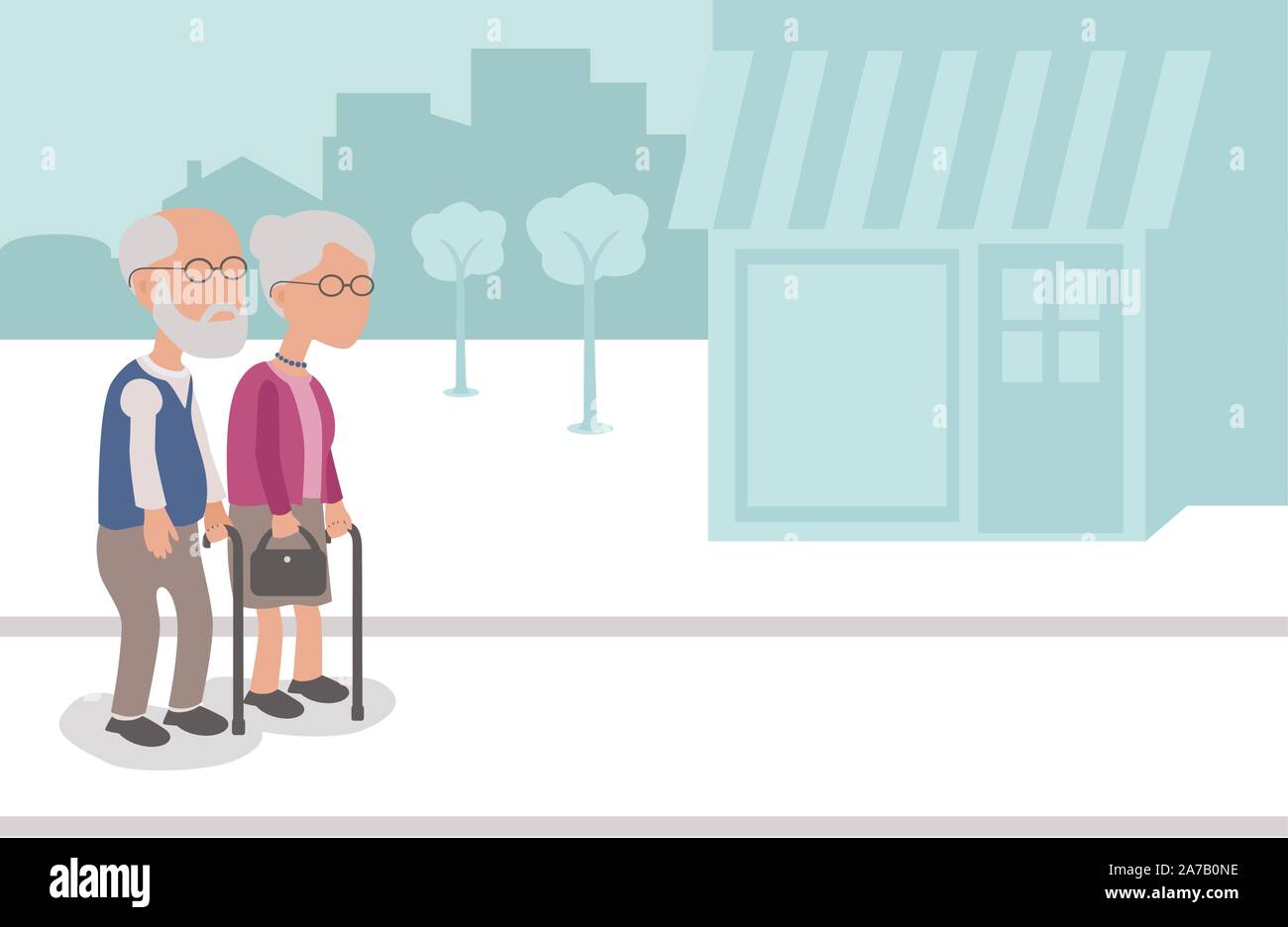 Independent Elderly couple Shopping in the street - vector characters body parts grouped and easy to edit - limited palette Stock Vector