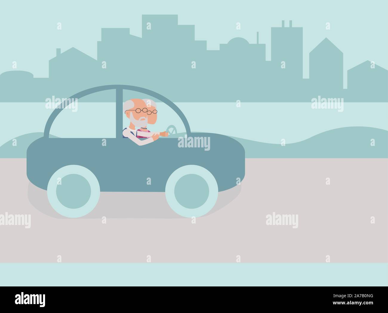Elderly couple driving in Car - vector characters body parts grouped and easy to edit - limited palette Stock Vector