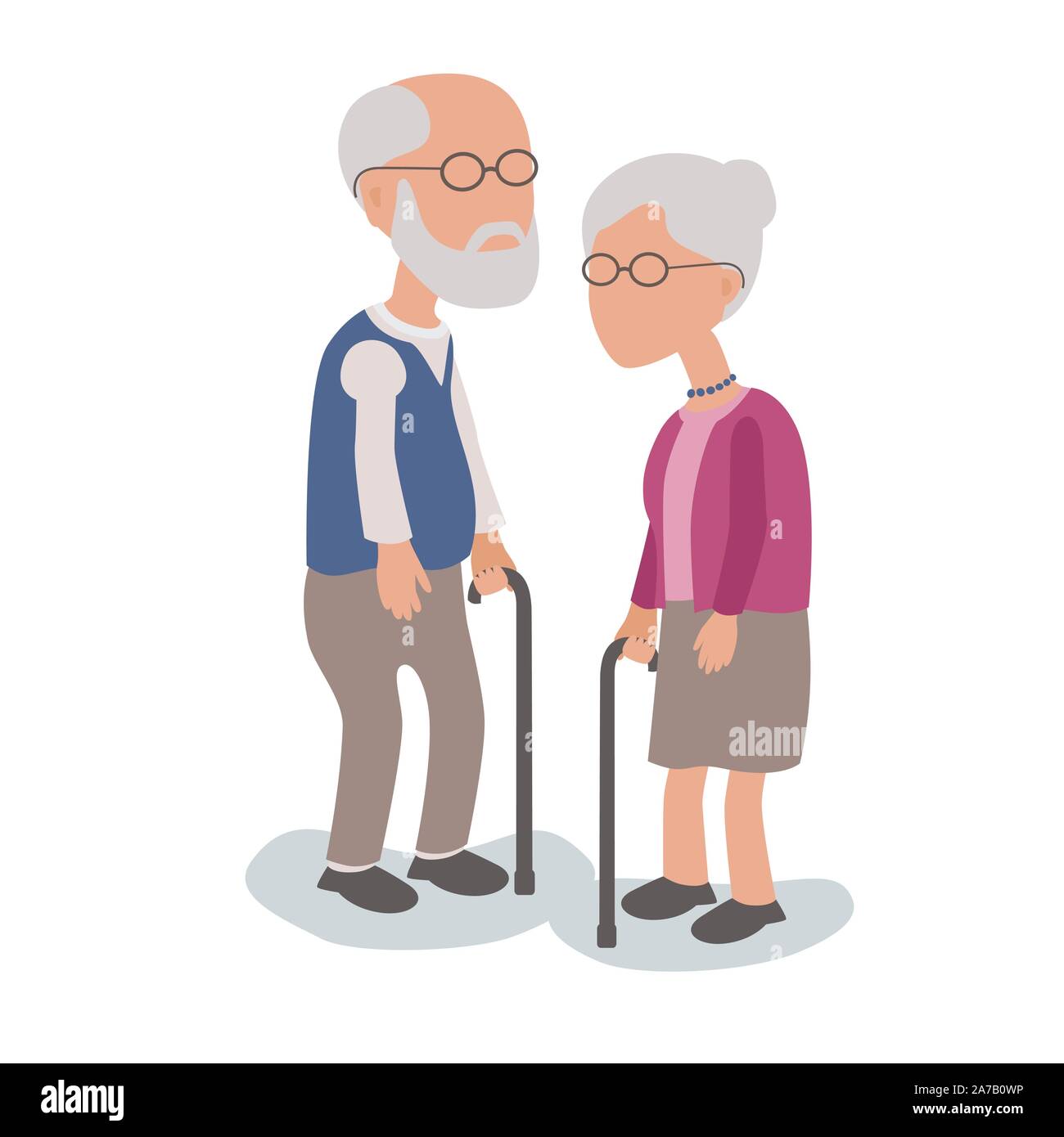 Loving Elderly Man and Woman Couple standing with walking sticks - vector characters body parts grouped and easy to edit - limited palette Stock Vector