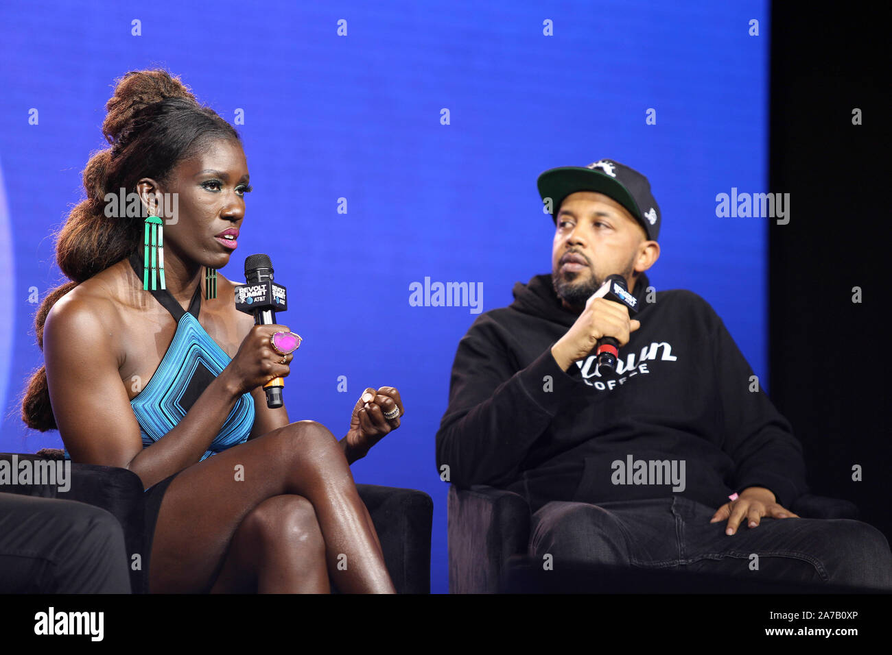 (L-R) The Global Influence of Hip Hop with Bozoma Saint John and Tuma Basa at the Revolt Summit x AT&T LA on October 25, 2019 at Magic Box in Los Angeles, California. Stock Photo
