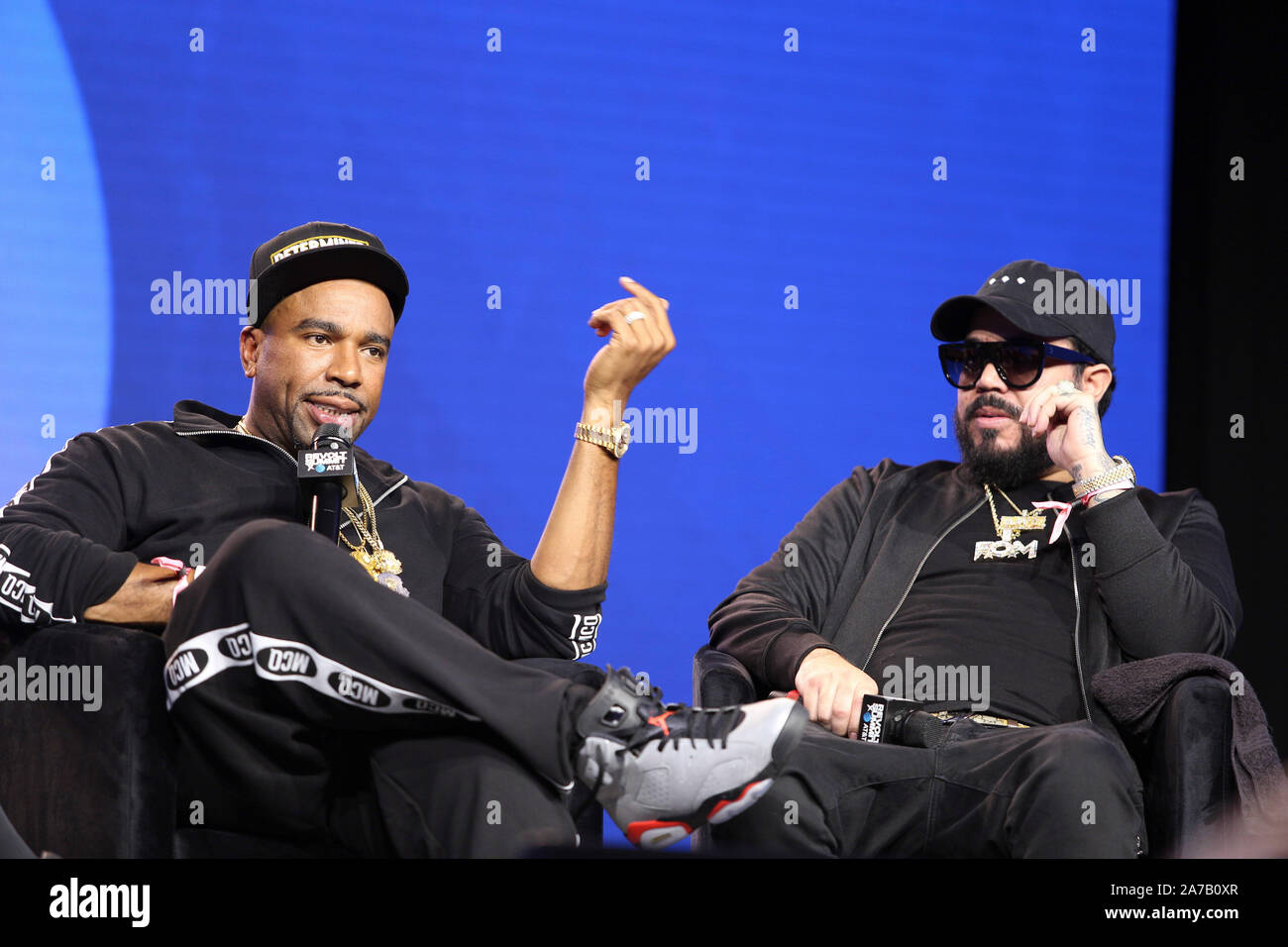 Leading the Latin Culture panel with Carlos 'Spiff TV' Suarez and N.O.R.E. at the Revolt Summit x AT&T LA on October 25, 2019 at Magic Box in Los Angeles, California. Stock Photo