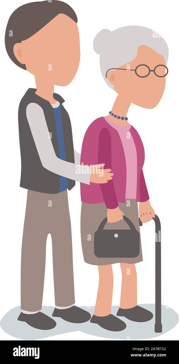 Son helping elderly mother - family assist concept - vector characters body parts grouped and easy to edit - limited palette Stock Vector