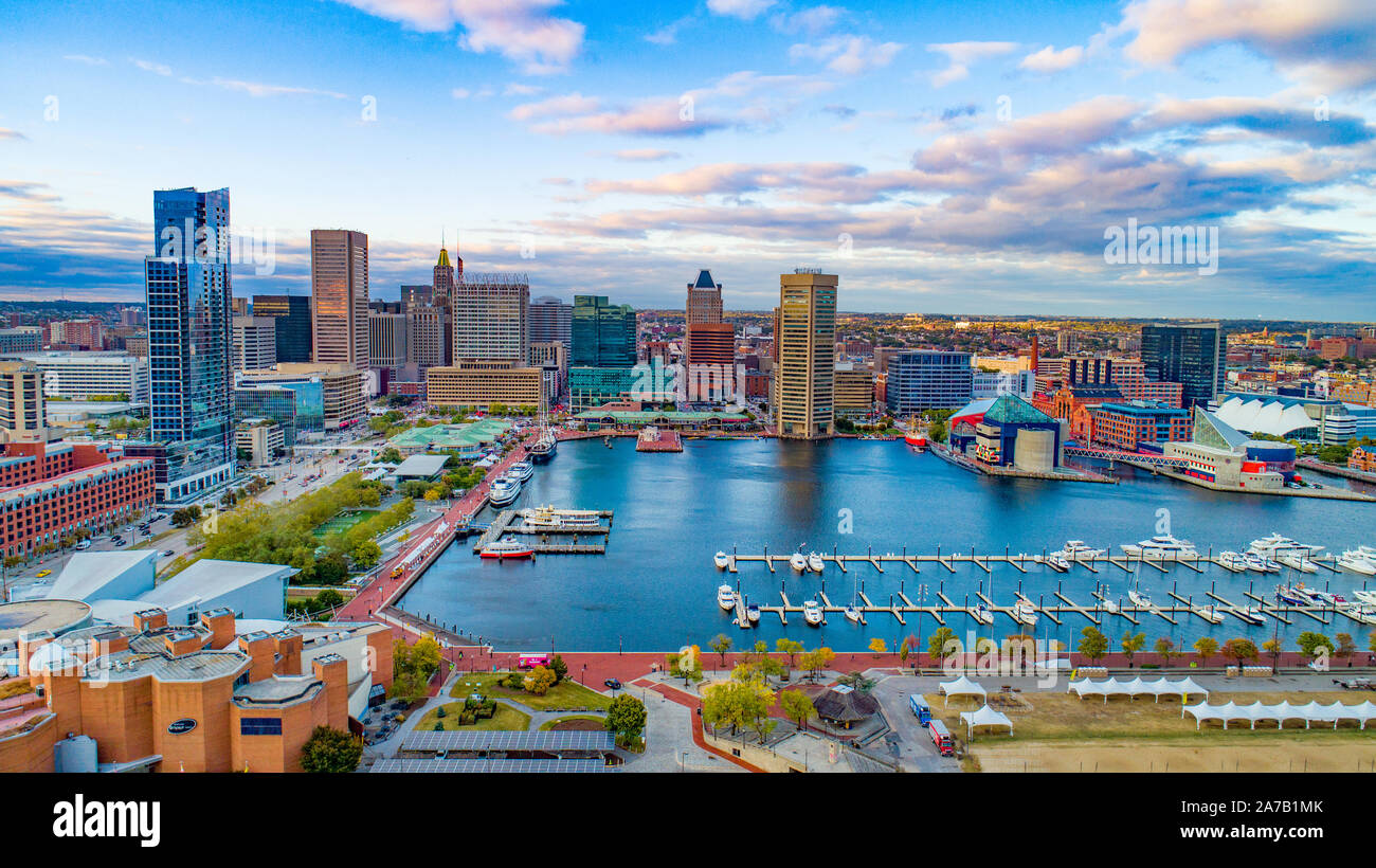 Baltimore, Maryland, USA Inner Harbor Skyline Aerial Panorama Stock