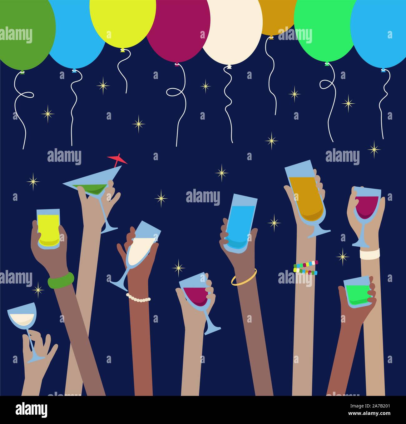 Hands with drinks of alcohol in glasses celebrate at Party - balloons ...