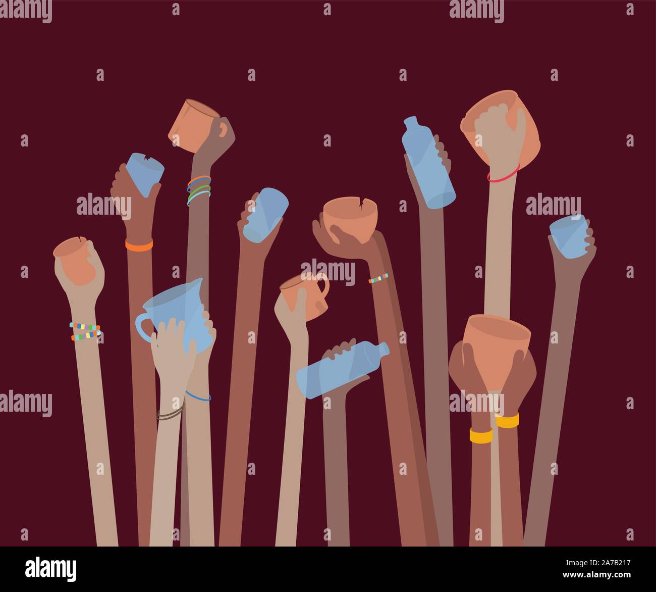 Thirsty people with empty cups and glasses beg for water in a drought - global warming climate change concept Stock Vector