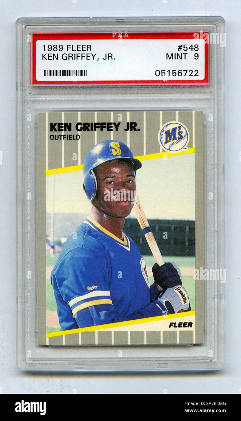 Ken Griffey Jr. 1989 Fleer rookie baseball card with the Seattle Mariners. Stock Photo