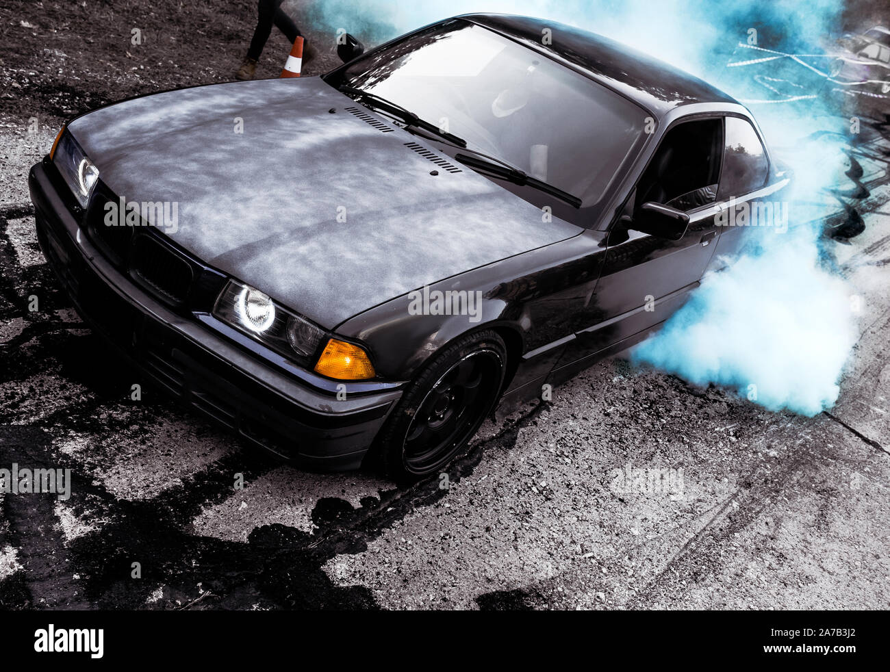 Car drifting image diffusion race drift car with lots of smoke from burning  tires on speed track Stock Illustration