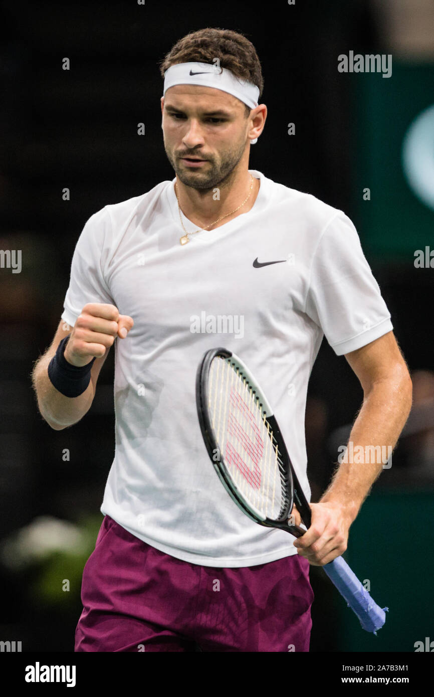 Paris, France. 31st Oct, 2019. Grigor Dimitrov of Bulgaria reacts during  the singles third round match against Dominic Thiem of Austria at the Rolex Paris  Masters 1000 held at the AccorHotels Arena