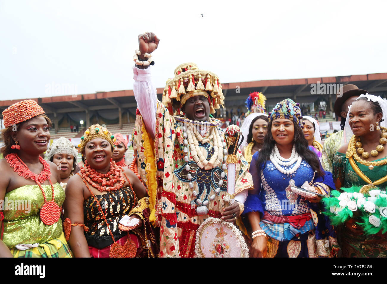 Rivers Cultural troupes jubilate as they emerge winner during the National Festival of Art and Culture (NAFEST) Edo State, Nigeria. Stock Photo