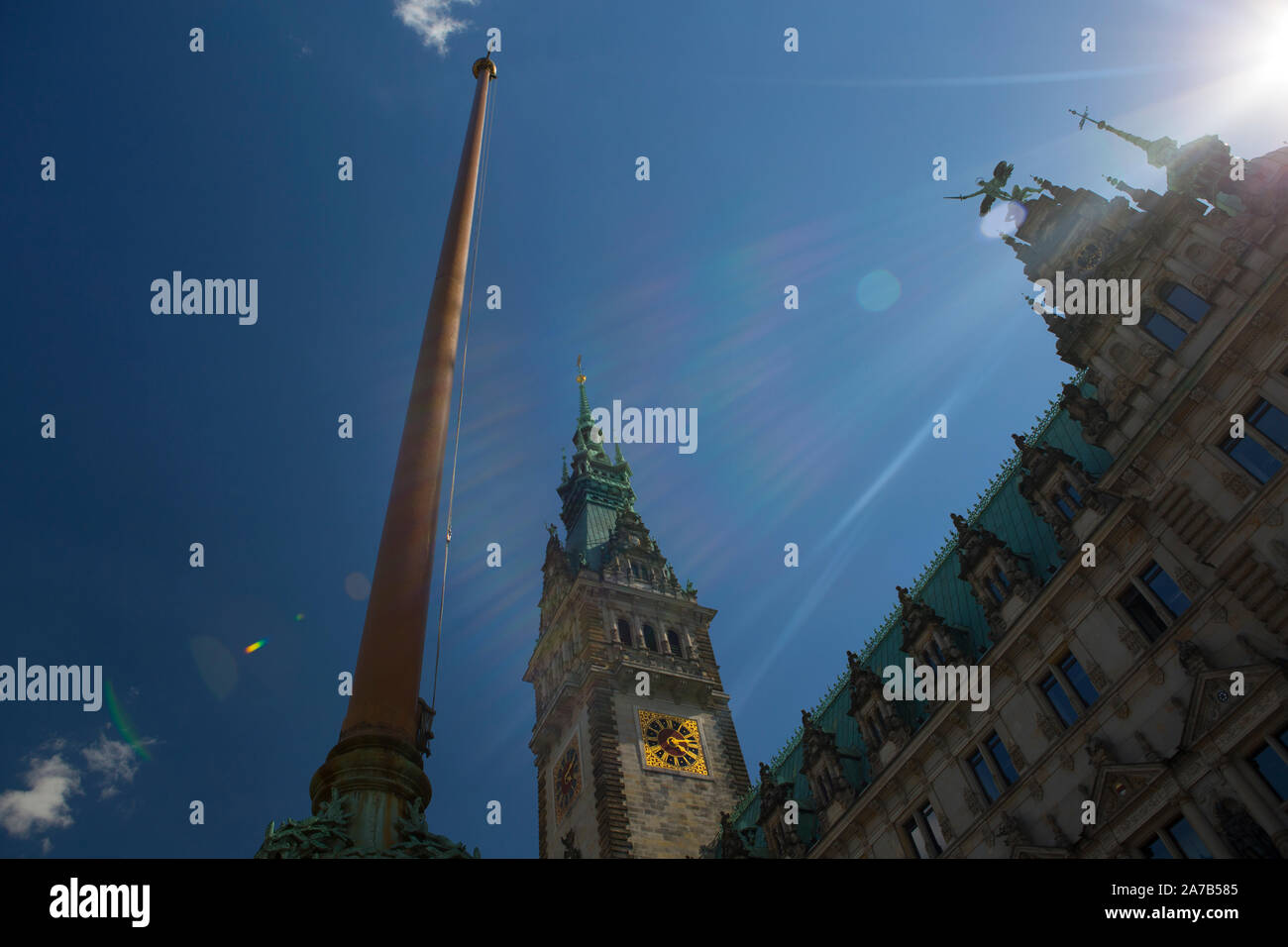 Flagpole and Town Hall tower in Hamburg Stock Photo