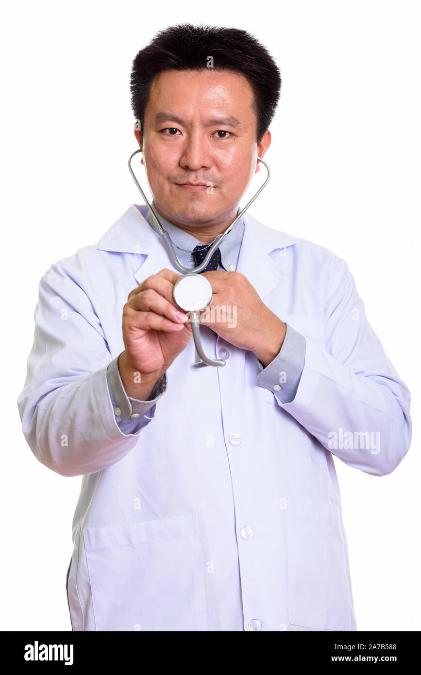 Studio shot of Japanese man isolated against white background Stock Photo