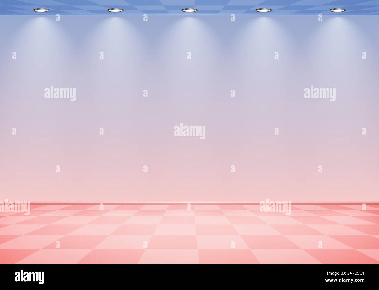 80s styled vapor wave room with pink and blue wall over checked floor Stock Vector
