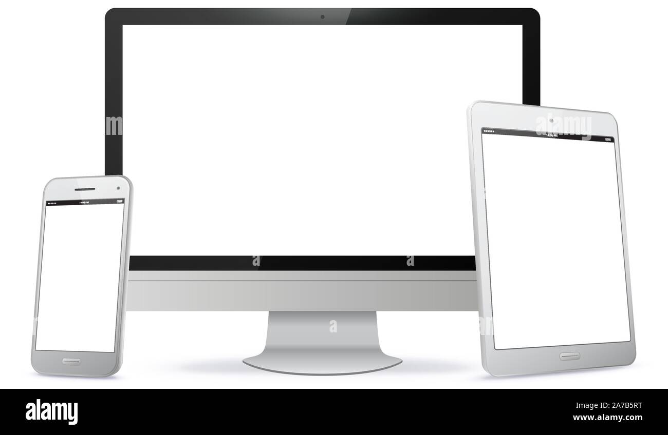 Computer Screen, Tablet PC, Smart Phone Vector illustration. Stock Vector