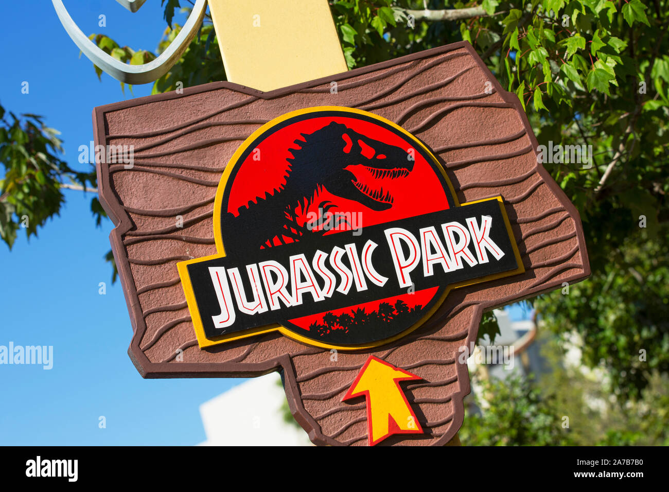 Jurassic Park Sign, Islands of Adventure, Universal Studios Resort, Orlando, Florida, USA Stock Photo