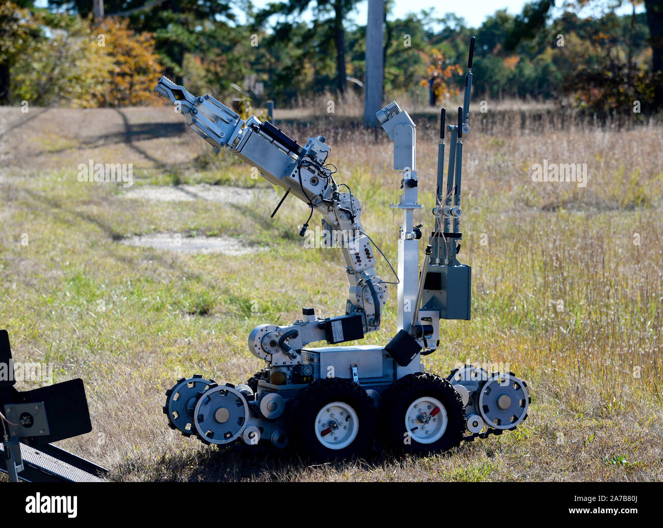 A REMOTEC ANDROS F6A Remote Ordnance Neutralization System, operated by explosives ordnance disposal team members from the 177th Fighter Wing, goes through quick function checks during an exercise at the Atlantic City Air National Guard Base, N.J. on Oct. 24, 2019. The exercise, named Operation Jersey Shield, is designed to evaluate and ensure mission readiness of the 177th Fighter Wing in support of worldwide deployment. (U.S. Air National Guard photo by Airman Basic Hunter Hires) Stock Photo