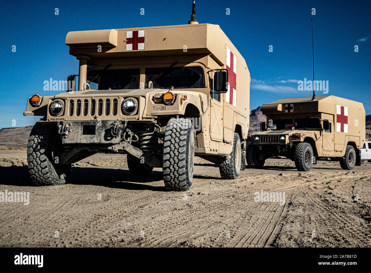 Field Litter Ambulances arrive with simulated patients during a mass casualty scenario at the field hospital at Sierra Army Depot, California, during the United States Forces Command Medical Emergency Deployment Readiness Exercise, Oct. 28, 2019. The realistic event gave Soldiers a chance to test their skills and knowledge in the event of a real mass casualty incident. Stock Photo