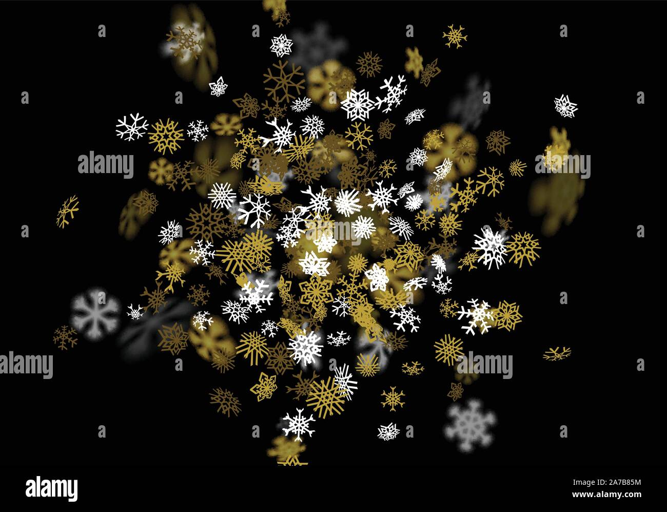 Snowfall background with golden snowflakes blurred in the dark Stock ...