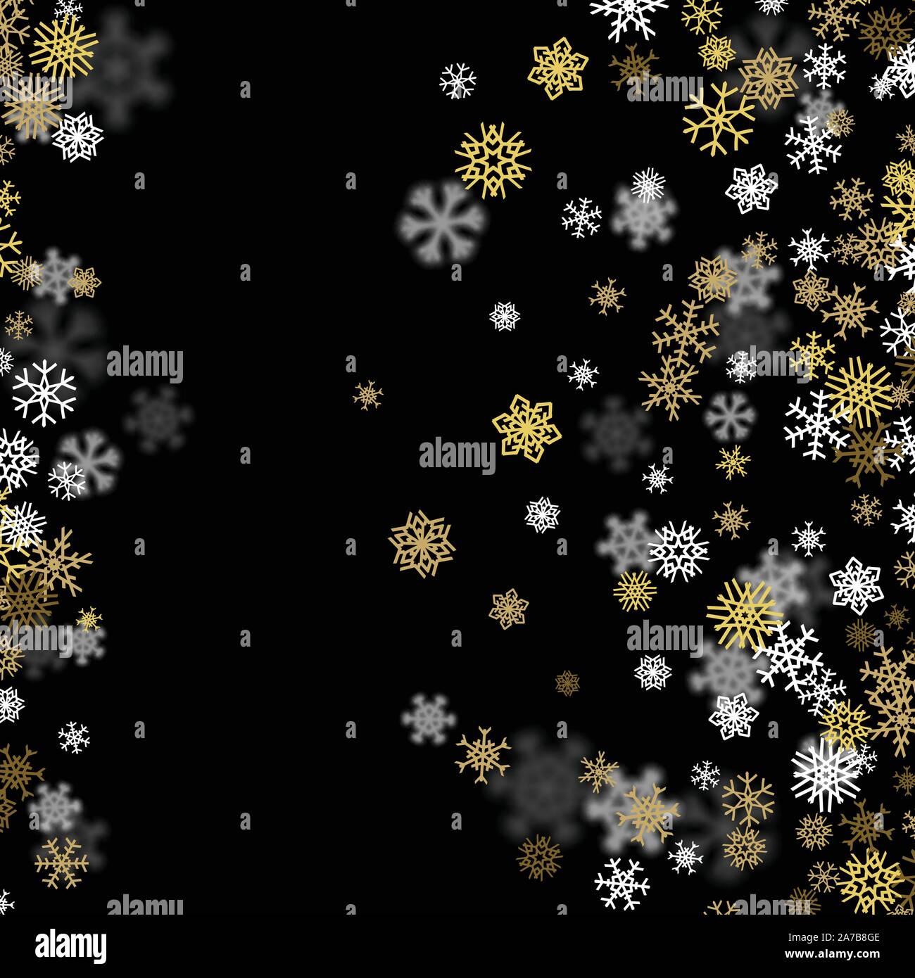 Snowfall background with golden snowflakes blurred in the dark Stock ...