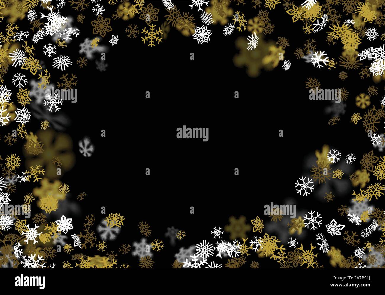 Snowfall background with golden snowflakes blurred in the dark Stock ...