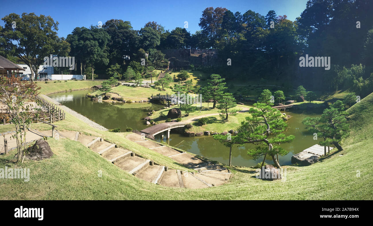 The beautiful and glorious Gyokuseninmaru garden, in Kanazawa Castle Park Japan. Stock Photo
