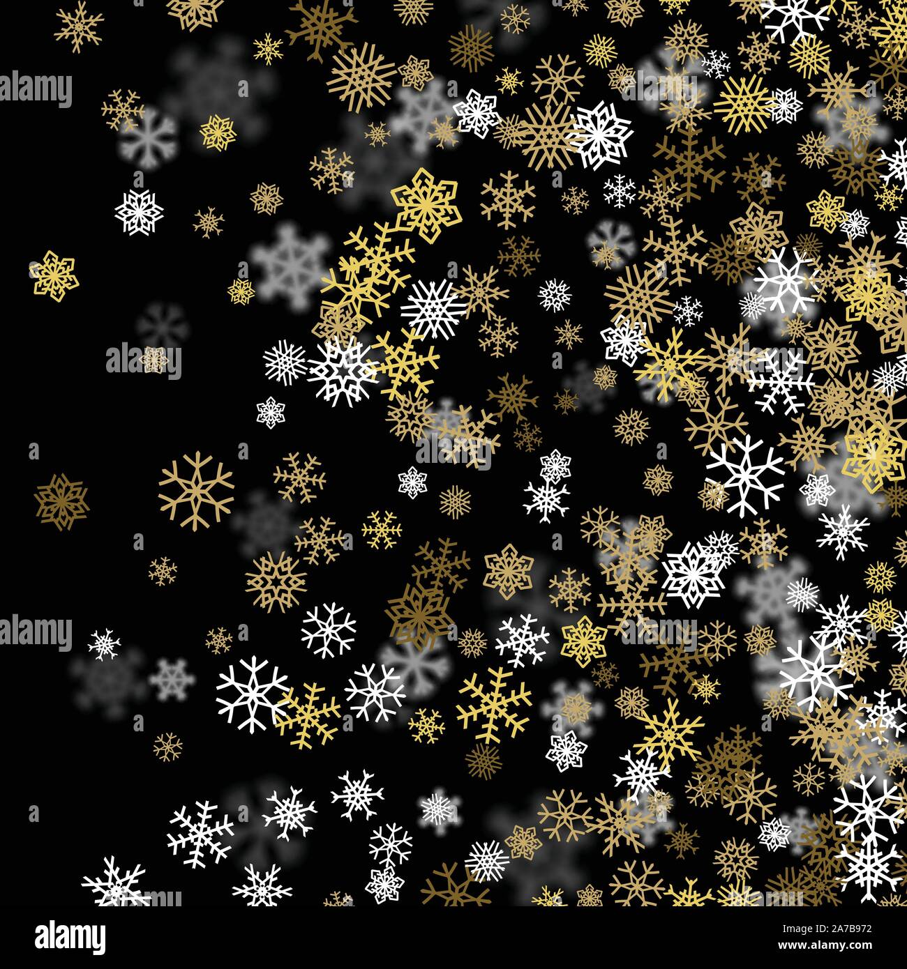 Snowfall background with golden snowflakes blurred in the dark Stock ...