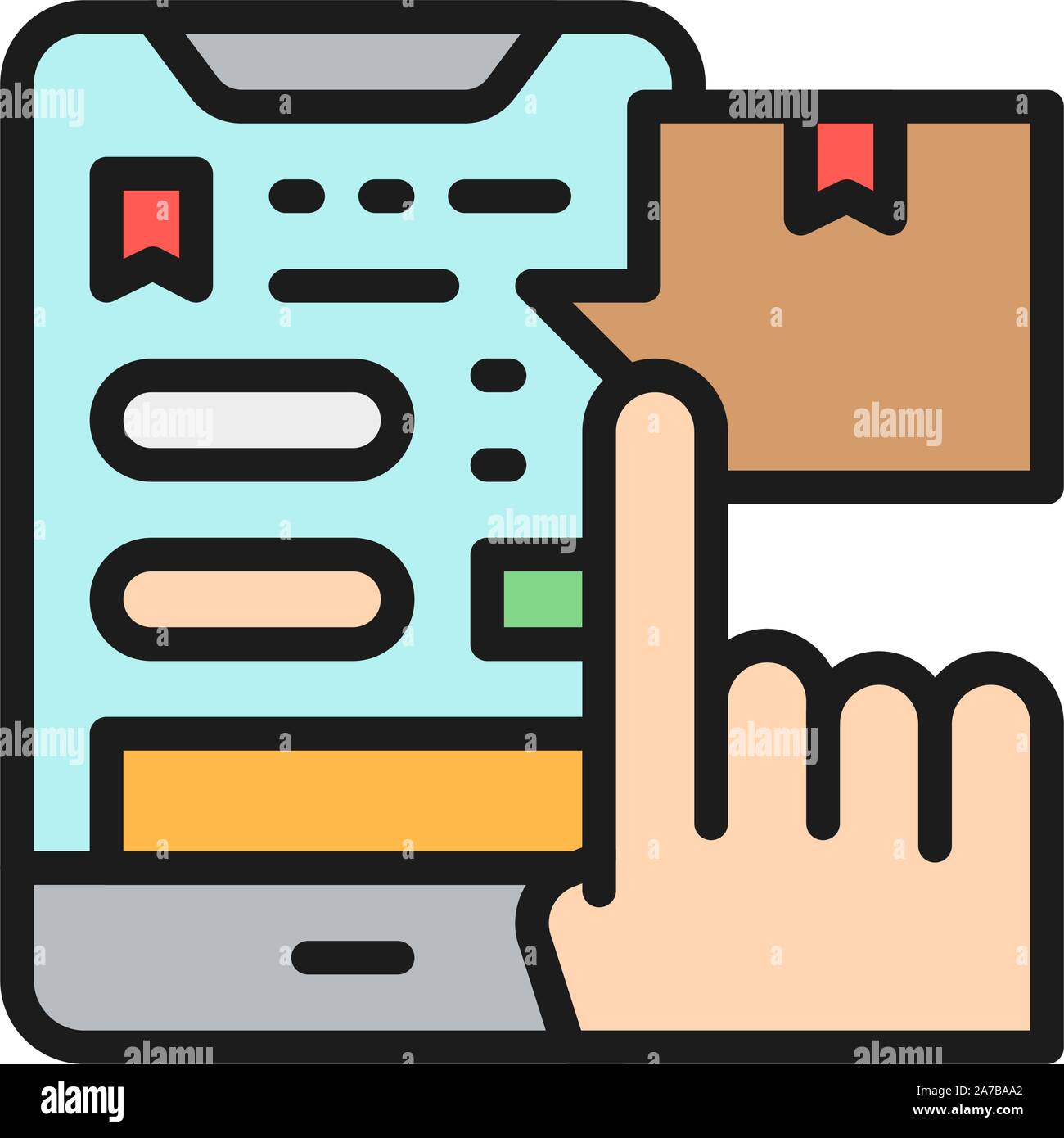Tracking parcel in application, delivery app flat color icon. Stock Vector