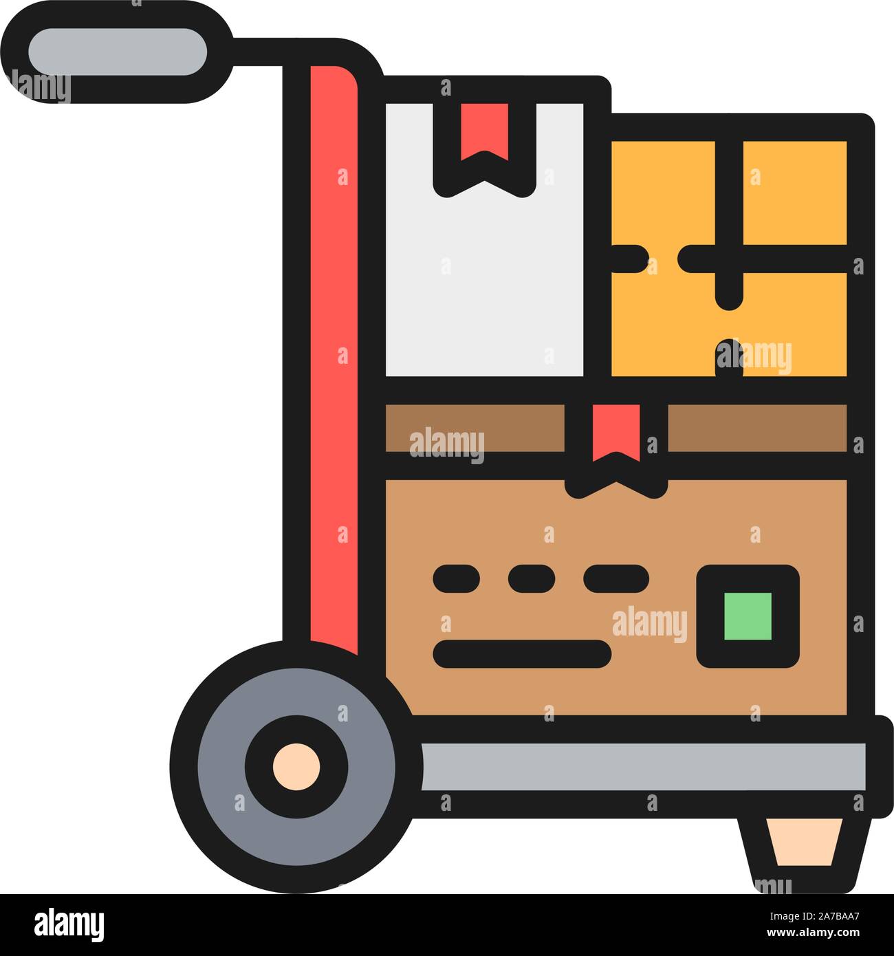 Wheelbarrow with parcels, delivery flat color icon. Stock Vector
