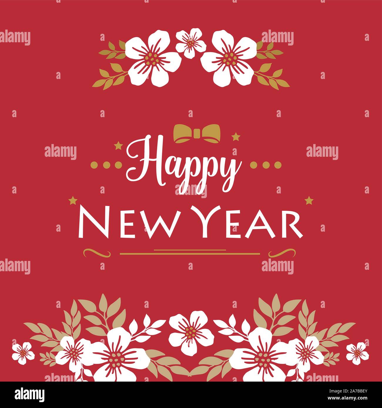 Card happy new year, with leaf floral frame, isolated on red background ...