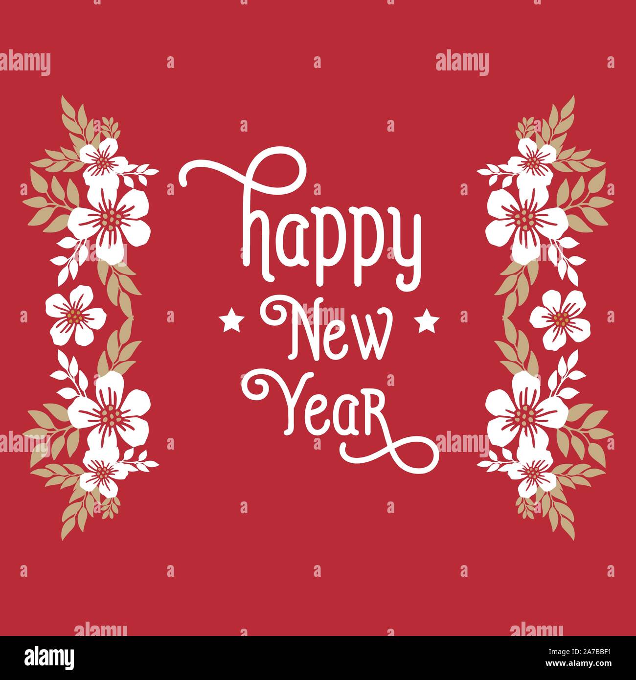 Card happy new year, with leaf floral frame, isolated on red background ...