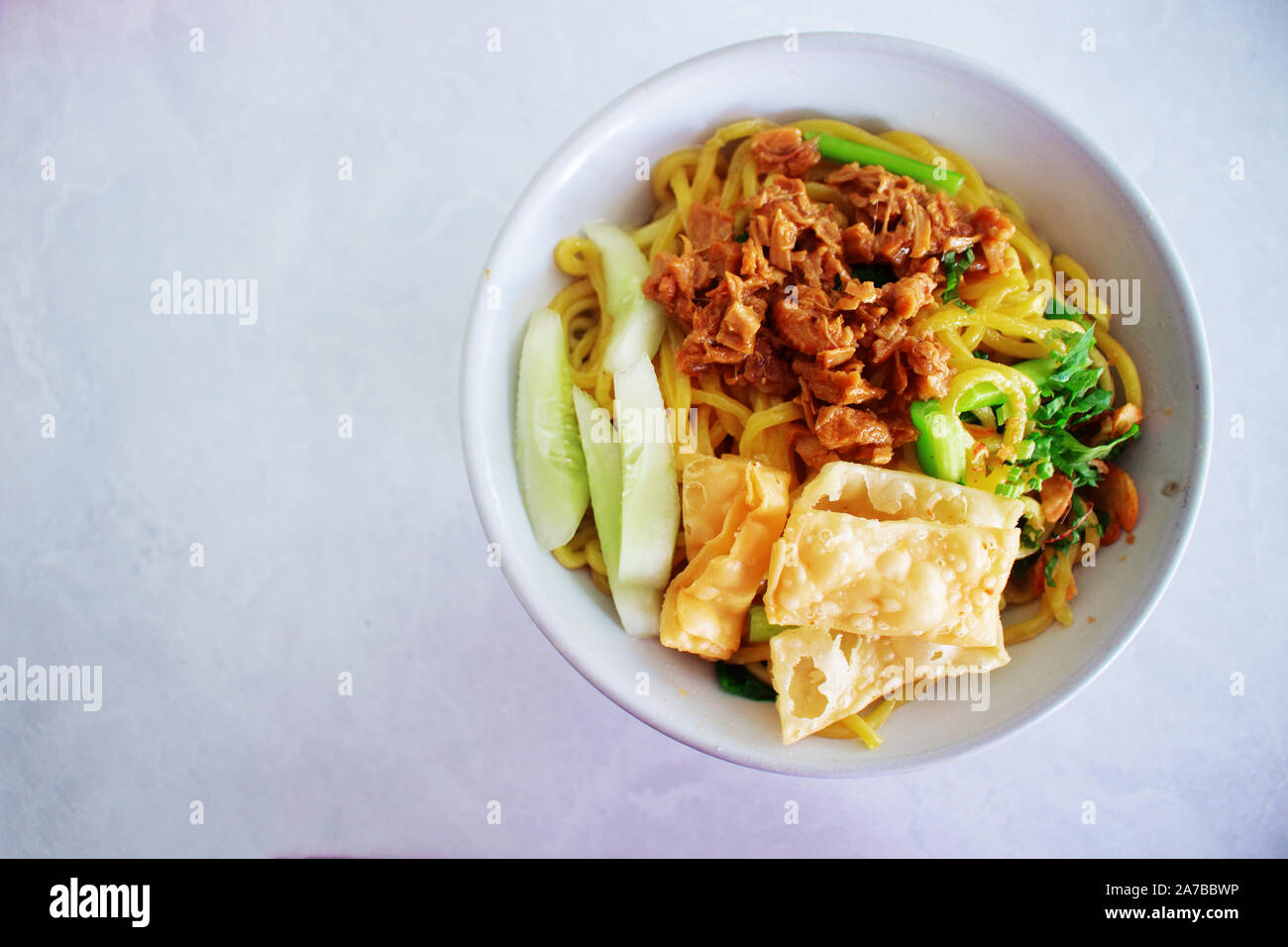 Tow Down View of Chicken Noodle Indonesian Food on White Background Stock Photo