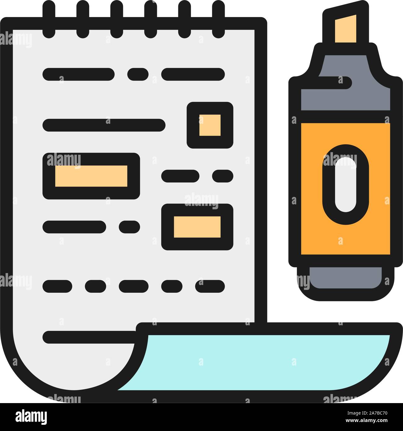 Sheet with a marker, underlined word flat color icon. Stock Vector