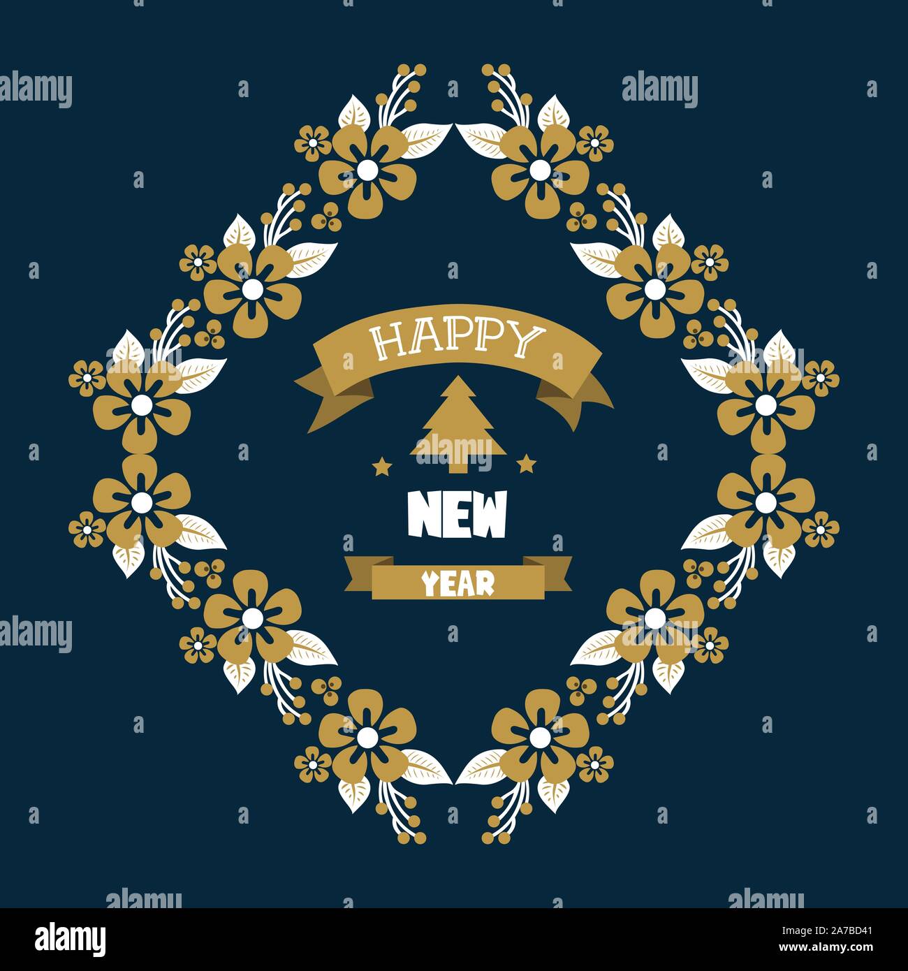 Beautiful greeting card happy new year, with elegant leaf wreath frame ...