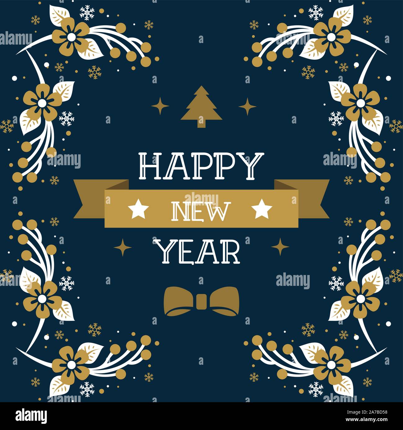 Beautiful greeting card happy new year, with elegant leaf wreath frame ...